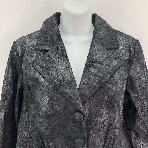 Vintage Suede Blazer Jacket Women Large Black Metallic Wash Peplum Edgy‎ Moto - Picture 3 of 10